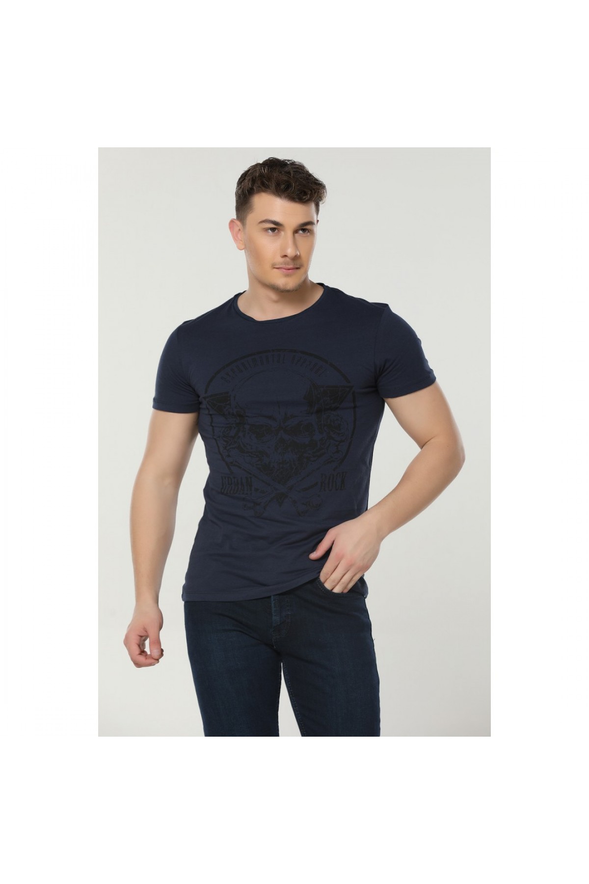 BASIC ERKEK BASKILI BİSİKLET YAKA T-SHIRT LACİVERT NR268