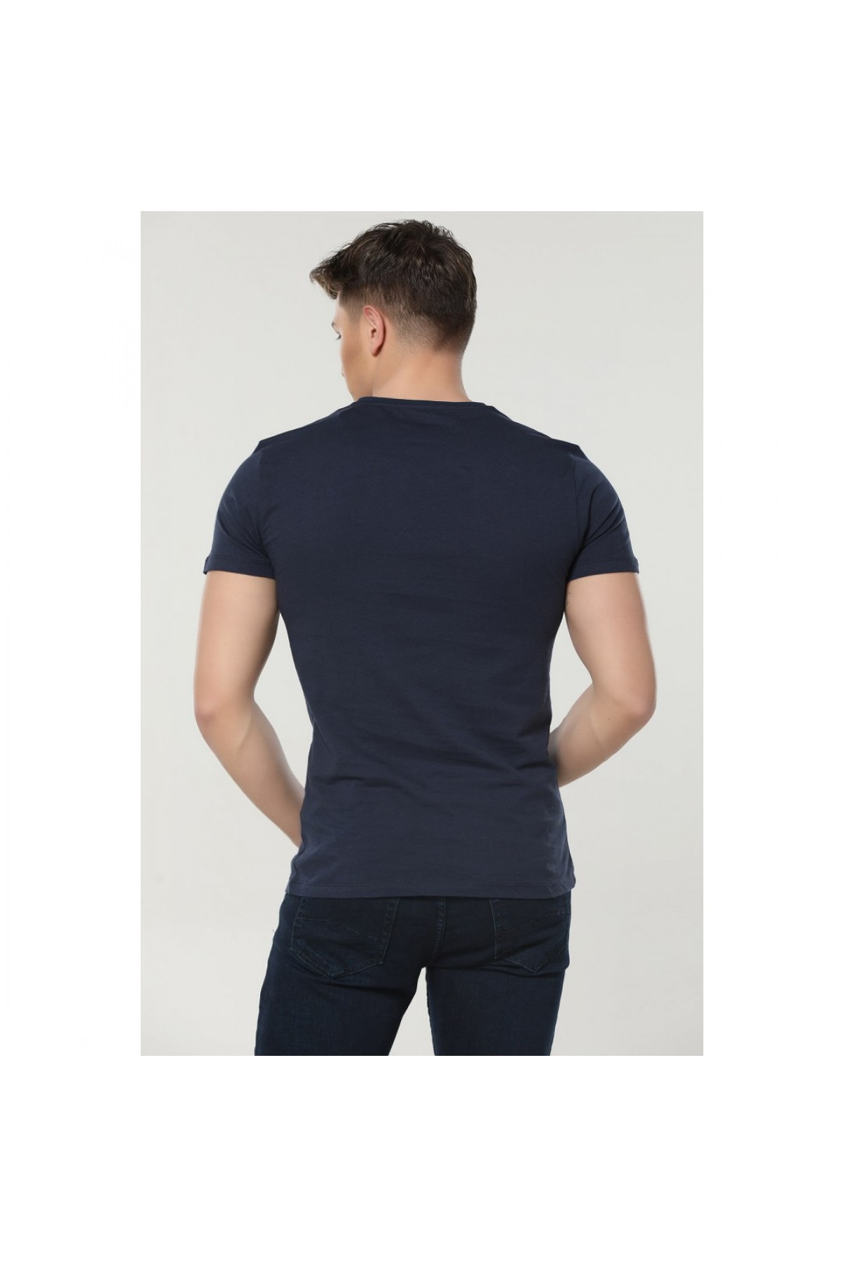 BASIC ERKEK BASKILI BİSİKLET YAKA T-SHIRT LACİVERT NR268