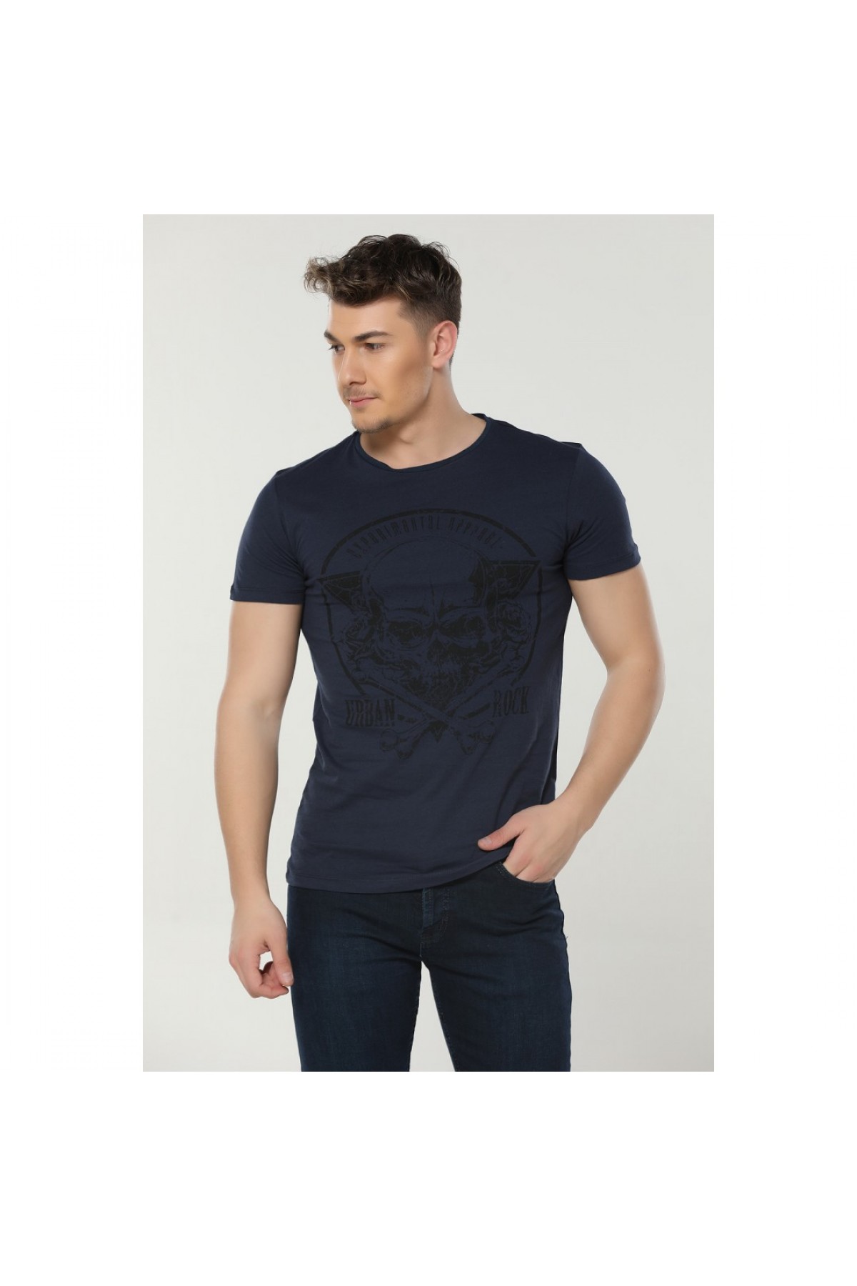 BASIC ERKEK BASKILI BİSİKLET YAKA T-SHIRT LACİVERT NR268