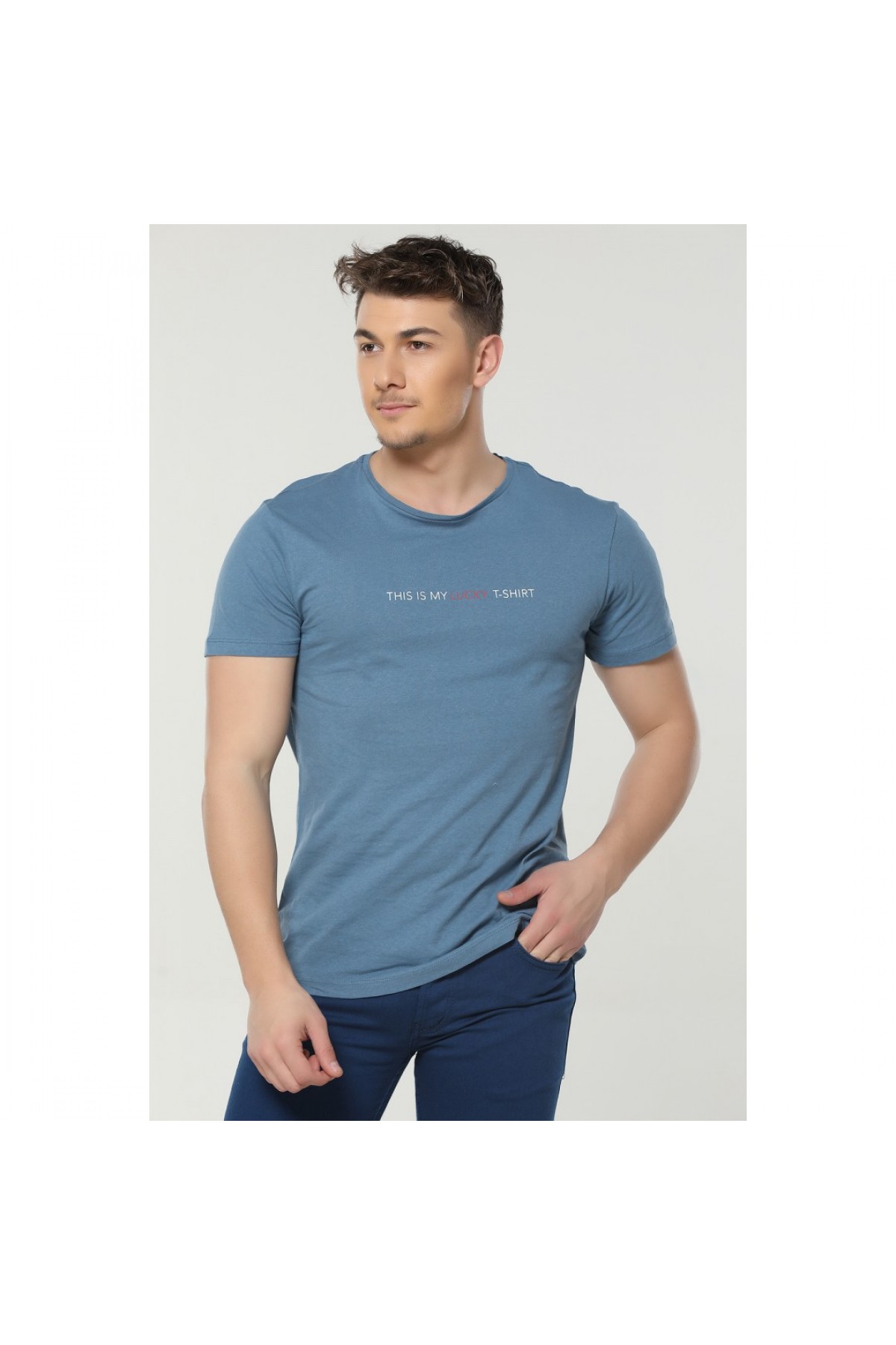 BASIC ERKEK BASKILI BİSİKLET YAKA T-SHIRT TURKUAZ NR273-2