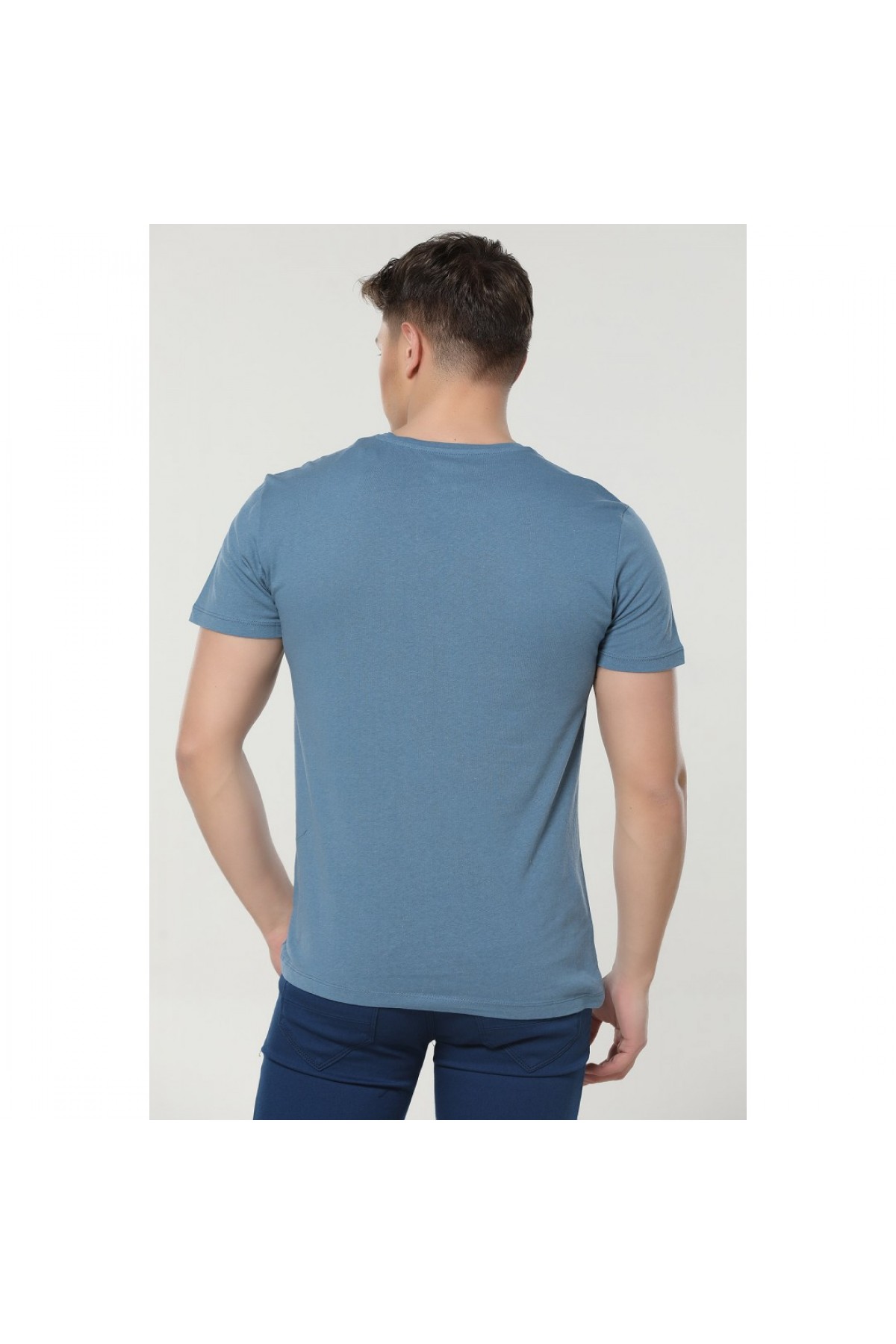 BASIC ERKEK BASKILI BİSİKLET YAKA T-SHIRT TURKUAZ NR273-2