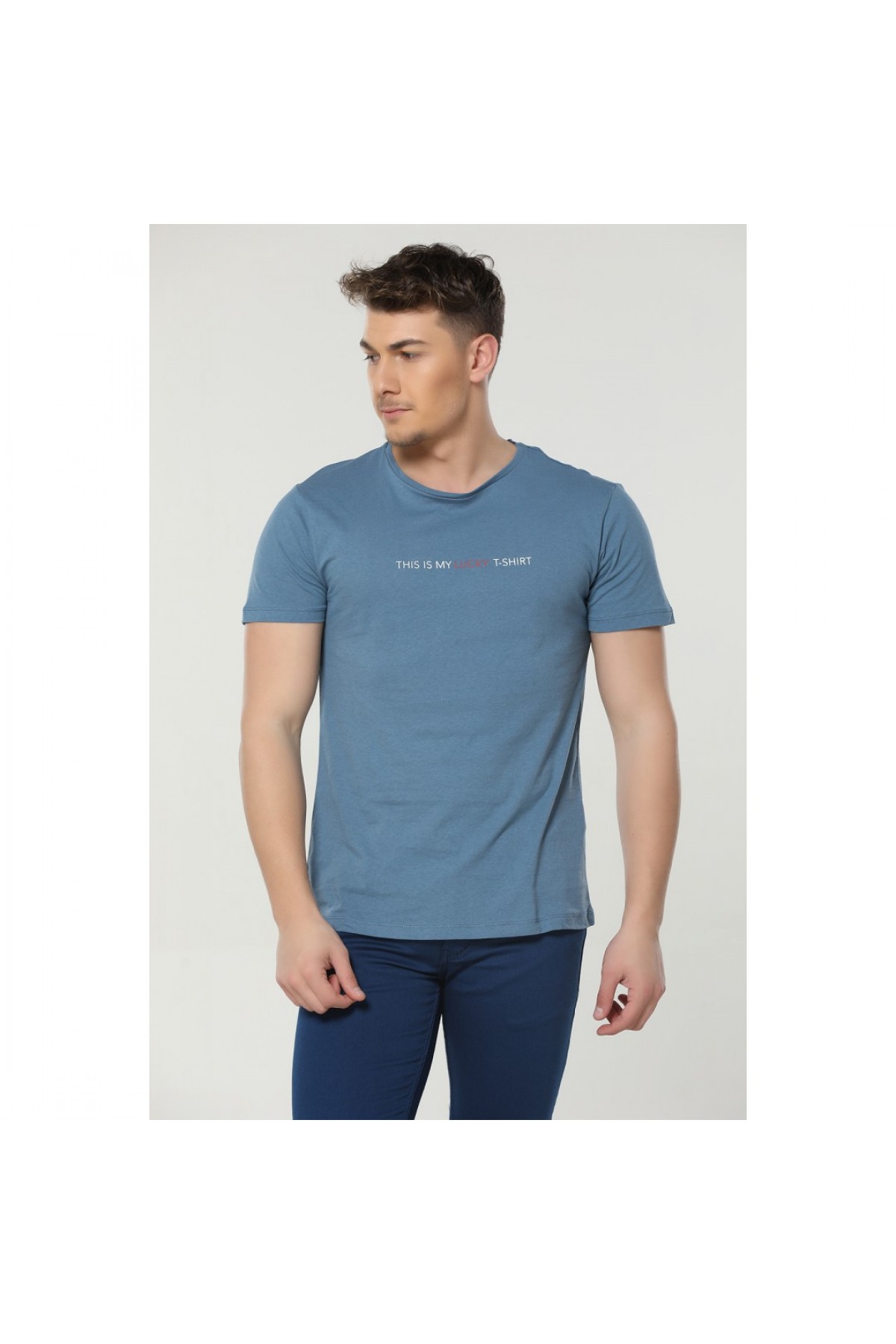 BASIC ERKEK BASKILI BİSİKLET YAKA T-SHIRT TURKUAZ NR273-2