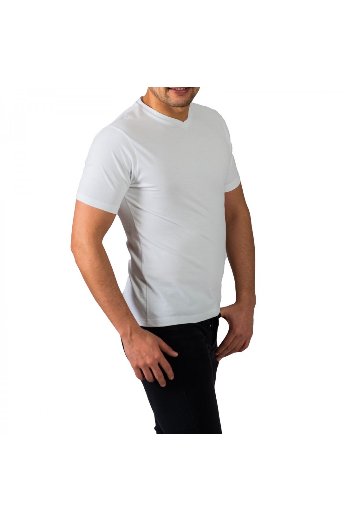 Erkek Beyaz V Yaka Slim Fit Kısa Kol T-Shirt V200-2