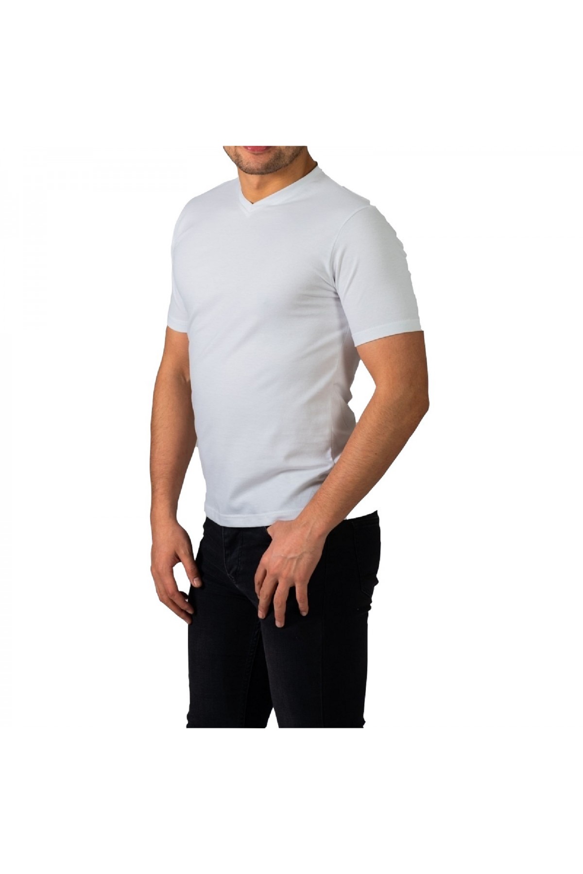 Erkek Beyaz V Yaka Slim Fit Kısa Kol T-Shirt V200-2