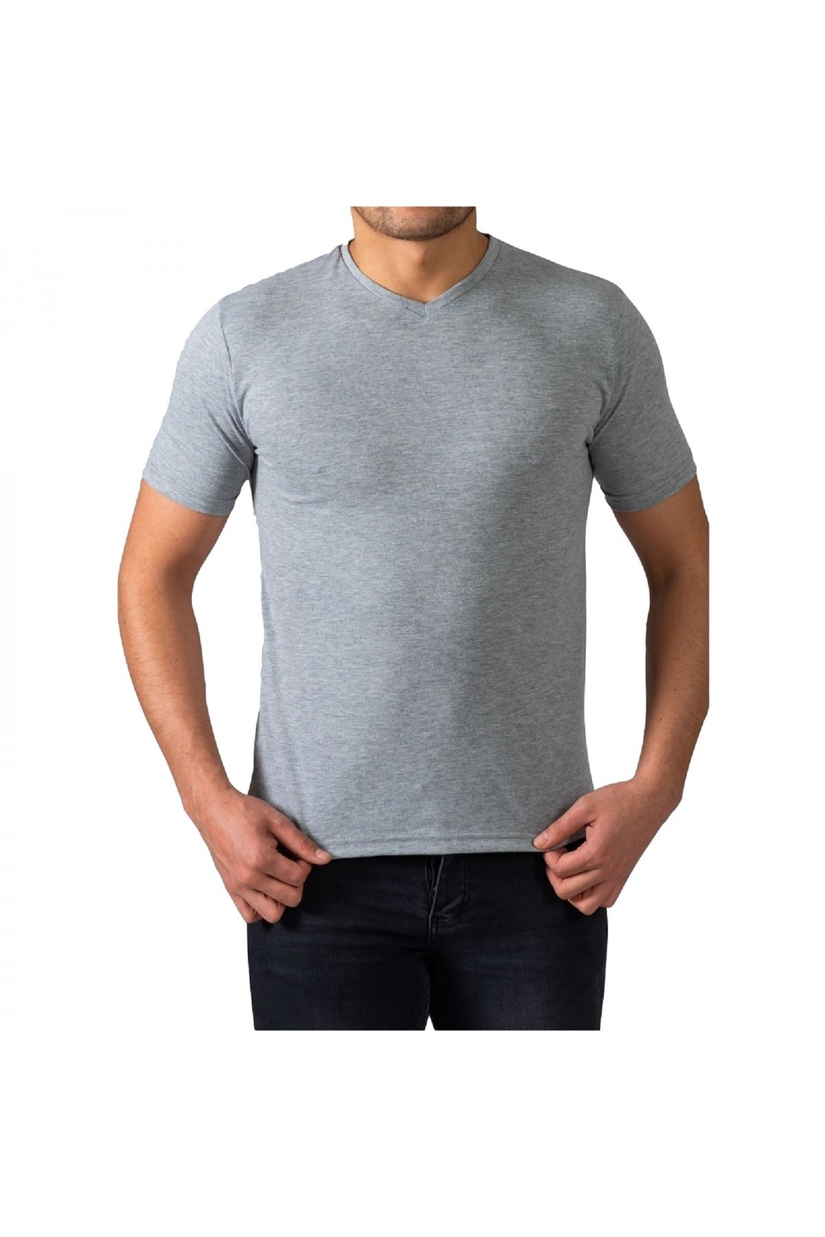 Erkek Gri V Yaka Slim Fit Kısa Kol T-Shirt V200-3