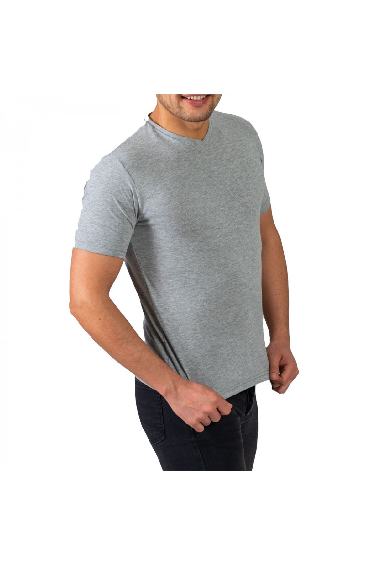 Erkek Gri V Yaka Slim Fit Kısa Kol T-Shirt V200-3