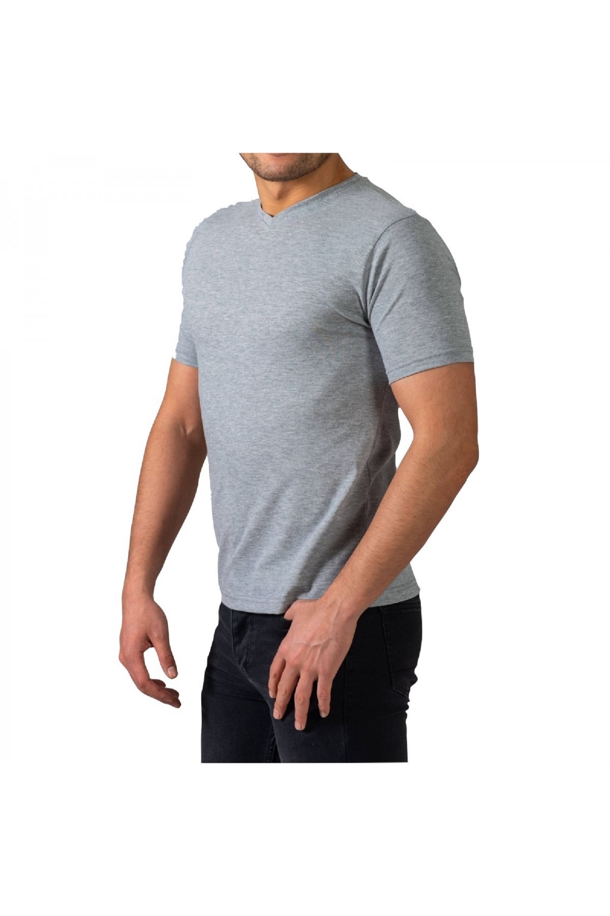 Erkek Gri V Yaka Slim Fit Kısa Kol T-Shirt V200-3