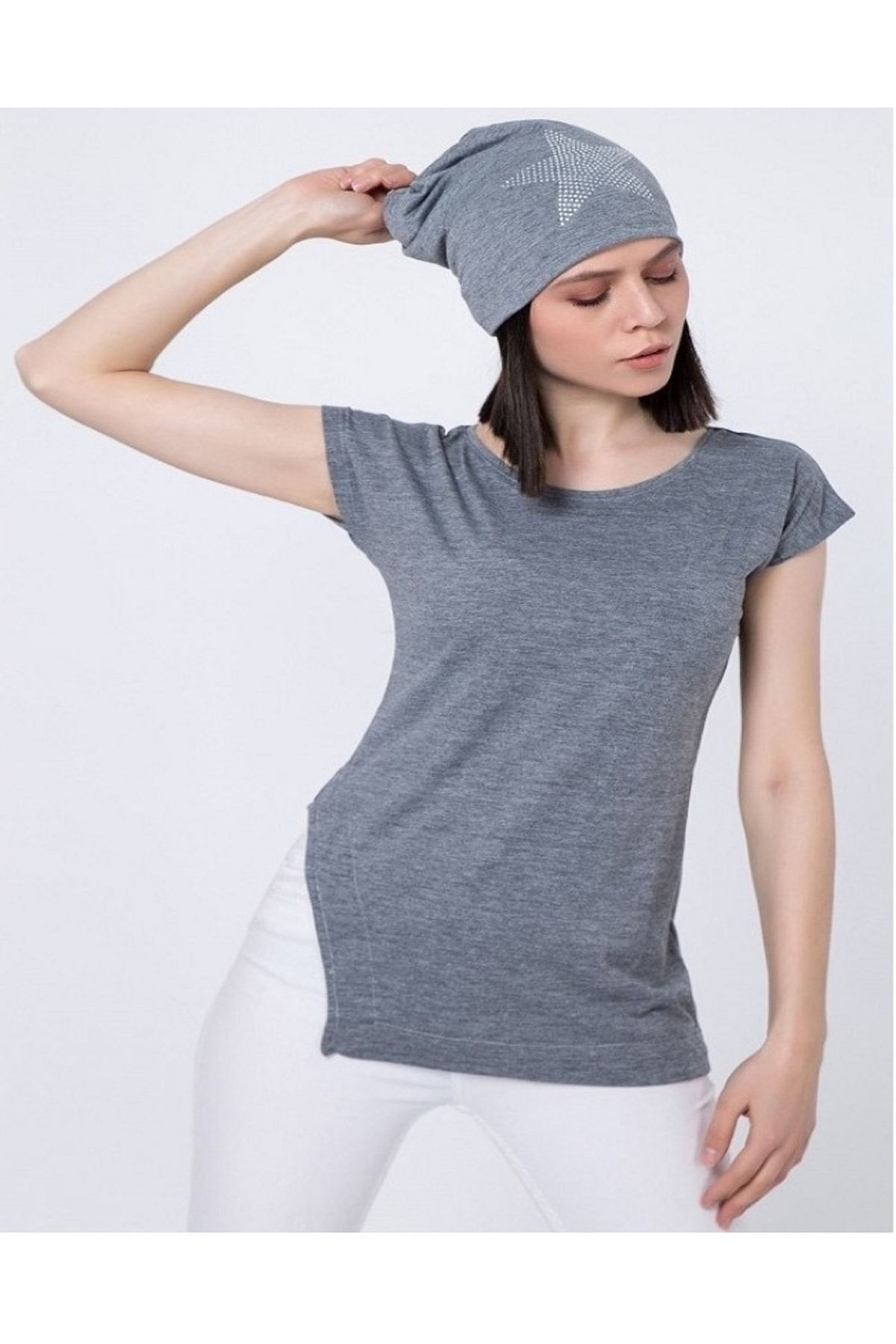 Kadın Antrasit Bisiklet Yaka Kısa Kol T-Shirt ZF2022-010