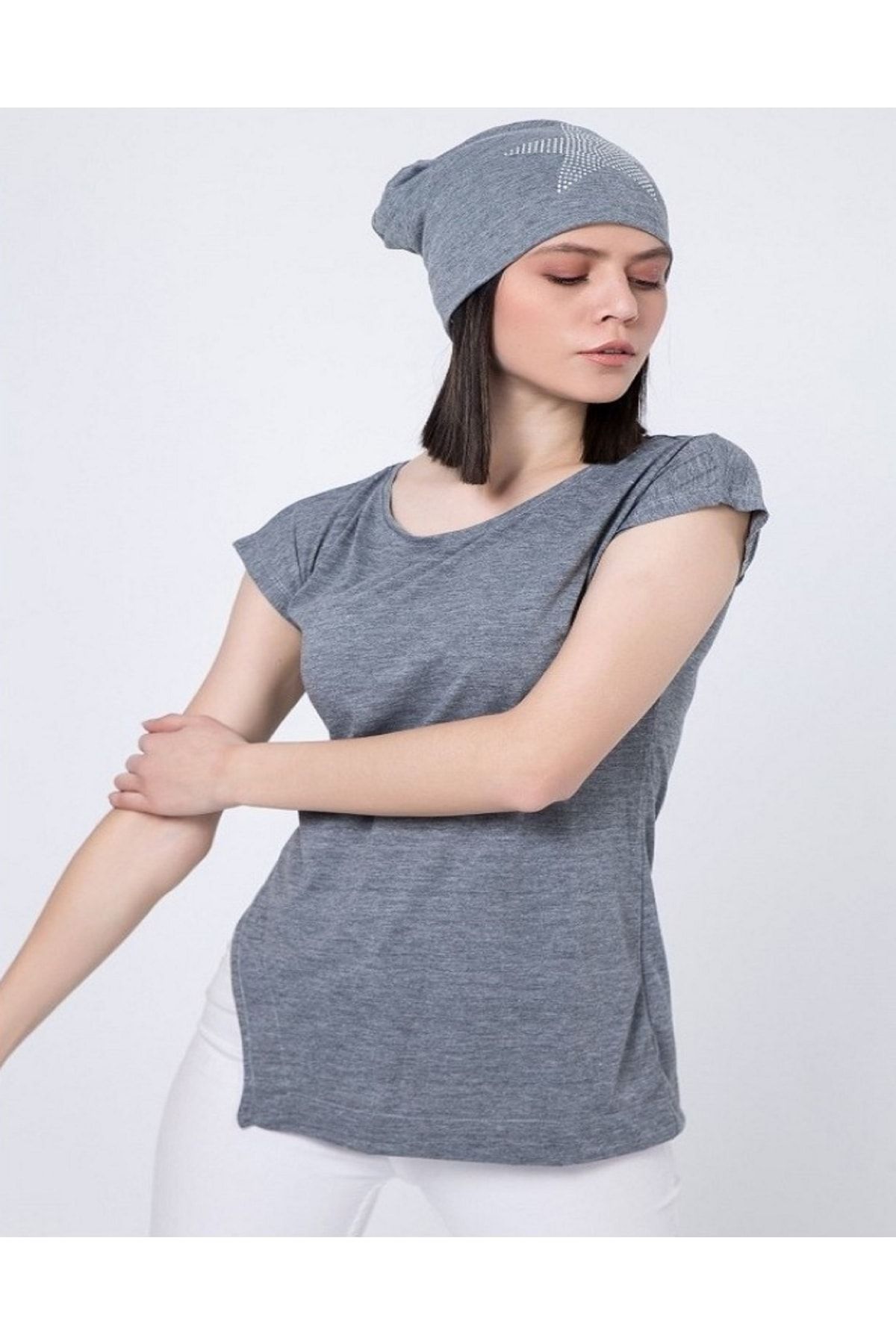 Kadın Antrasit Bisiklet Yaka Kısa Kol T-Shirt ZF2022-010