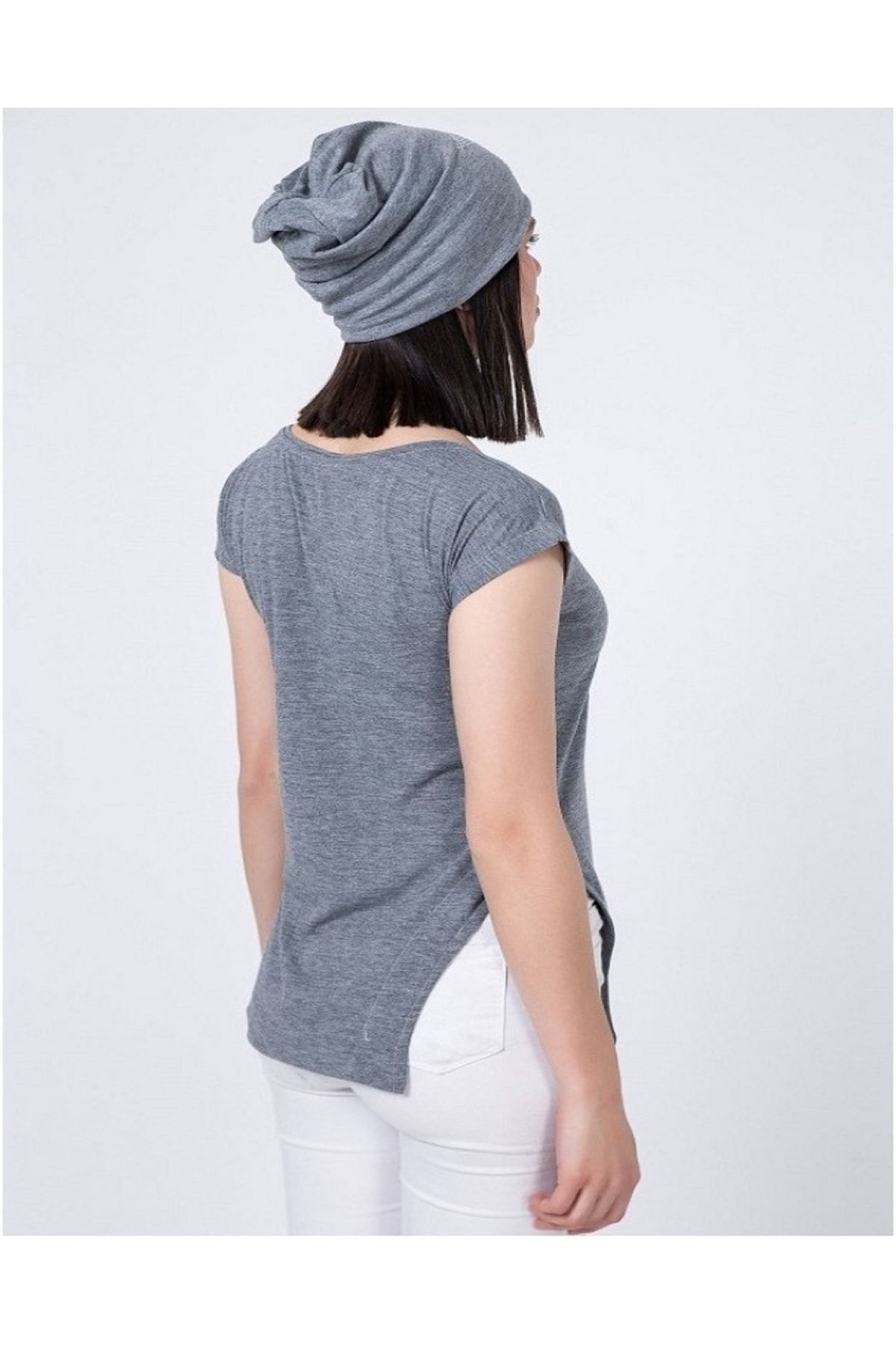 Kadın Antrasit Bisiklet Yaka Kısa Kol T-Shirt ZF2022-010
