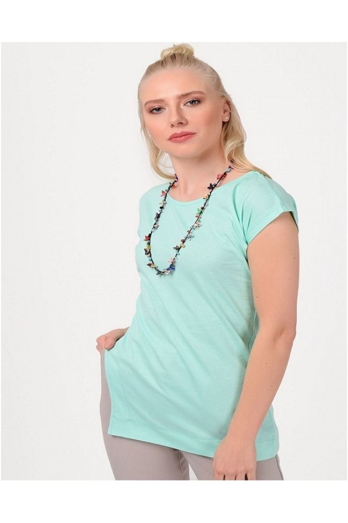 Kadın Mint Yeşili Bisiklet Yaka Kısa Kol T-Shirt ZF2022-032