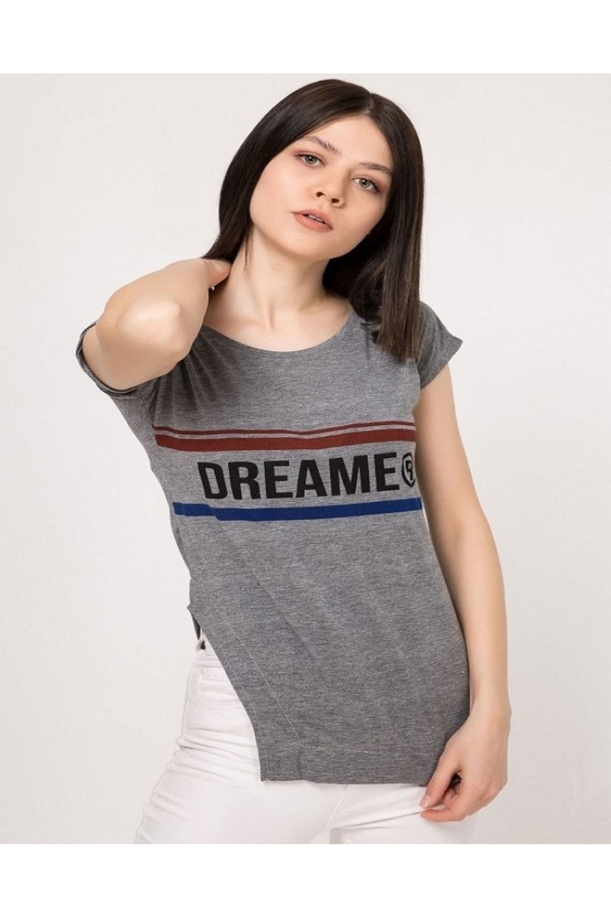 Kadın Antrasit Bisiklet Yaka Kısa Kol T-Shirt ZF2022-10