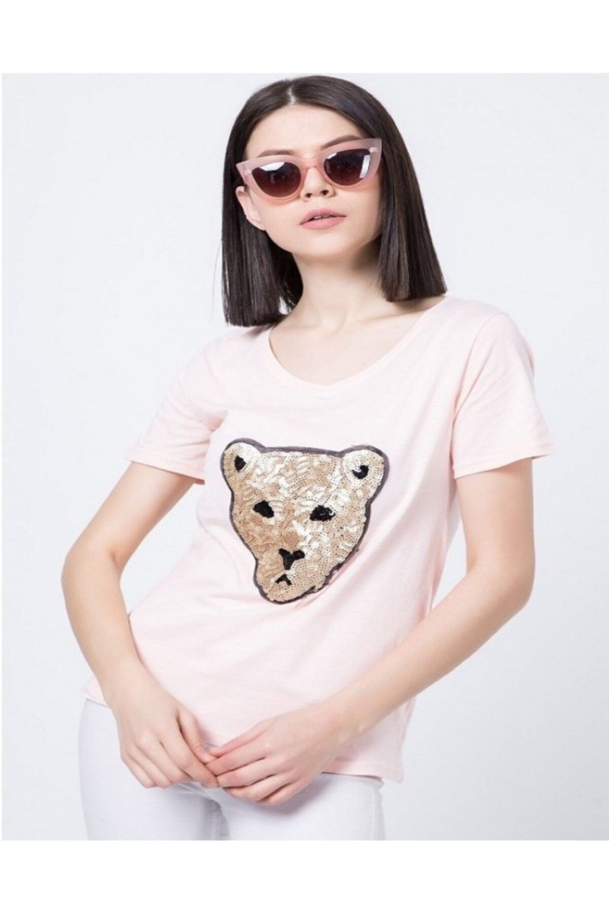 Kadın Pudra V Yaka Kısa Kol T-Shirt ZF2022-20