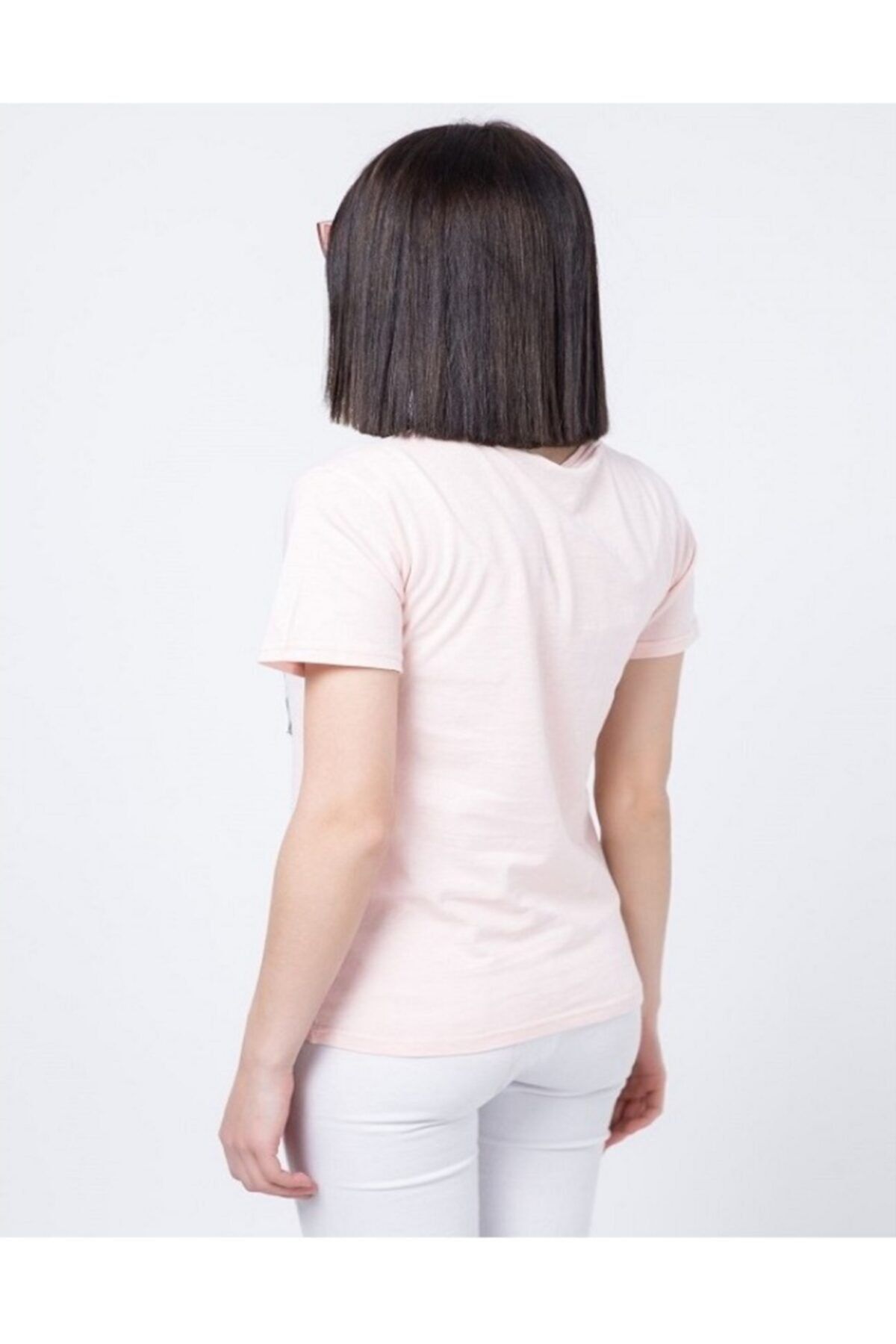 Kadın Pudra V Yaka Kısa Kol T-Shirt ZF2022-20