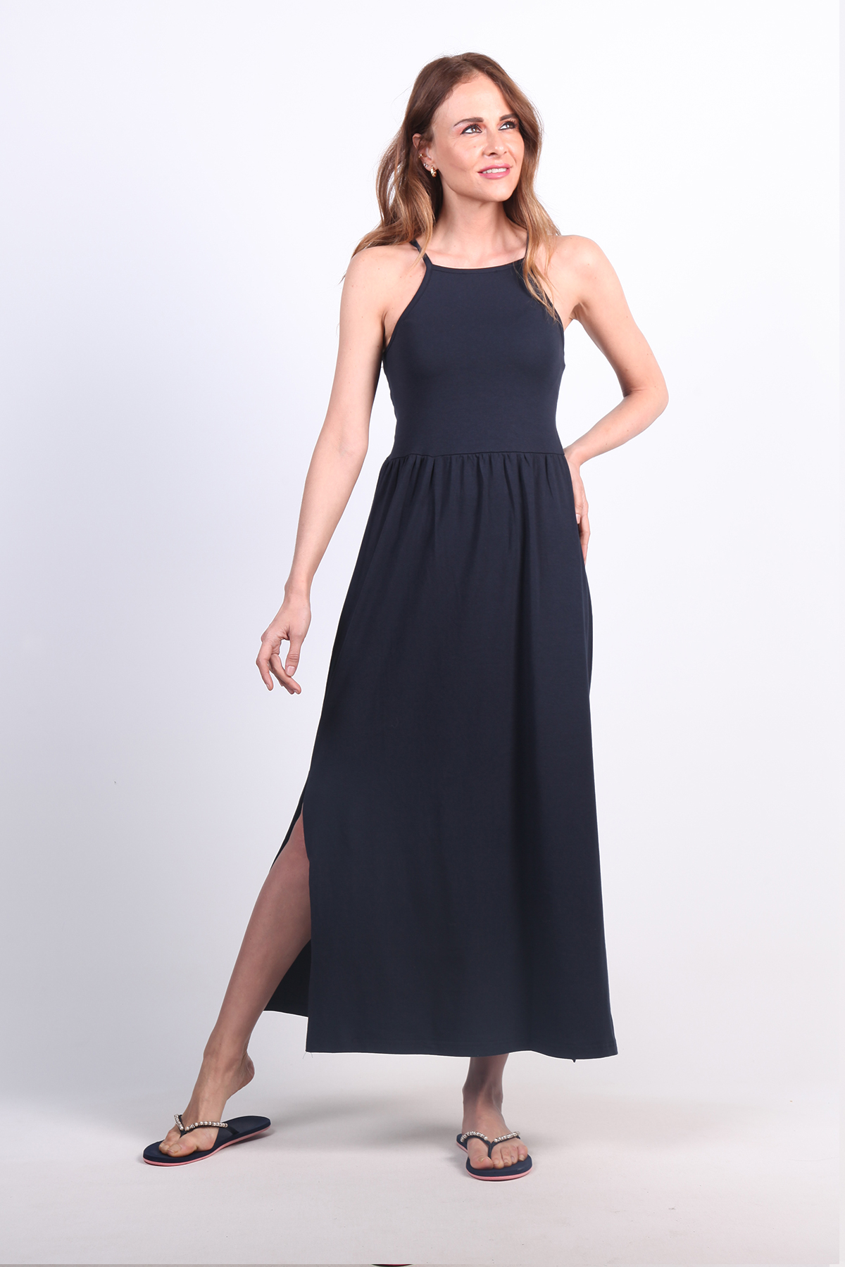 YIRTMAÇLI UZUN PENYE LACİVERT ELBİSE