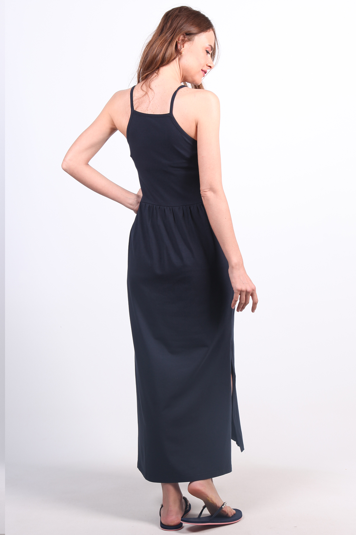 YIRTMAÇLI UZUN PENYE LACİVERT ELBİSE