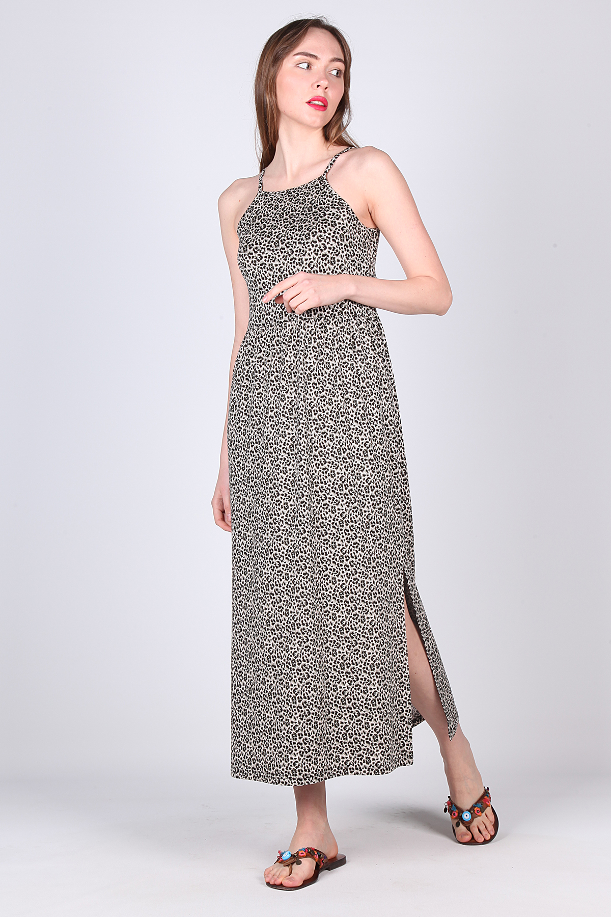 YIRTMAÇLI UZUN PENYE LEOPAR DESEN ELBİSE