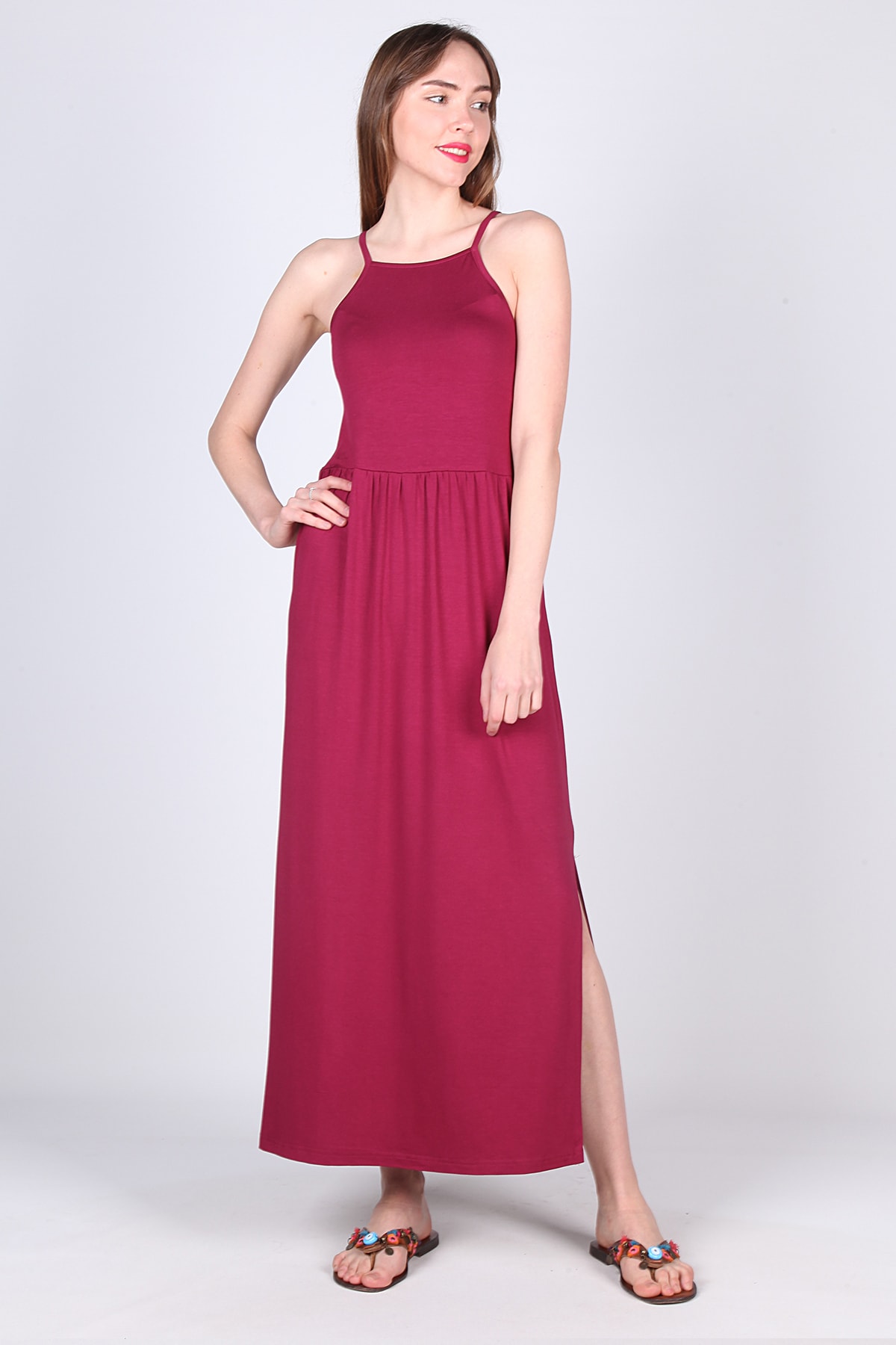 Kadın Vişne Rengi Yırtmaçlı Uzun Penye Elbise