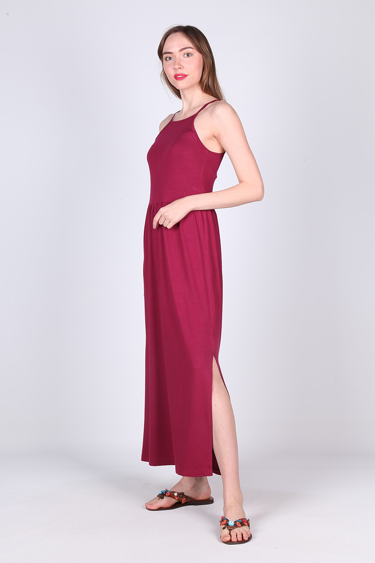 Kadın Vişne Rengi Yırtmaçlı Uzun Penye Elbise