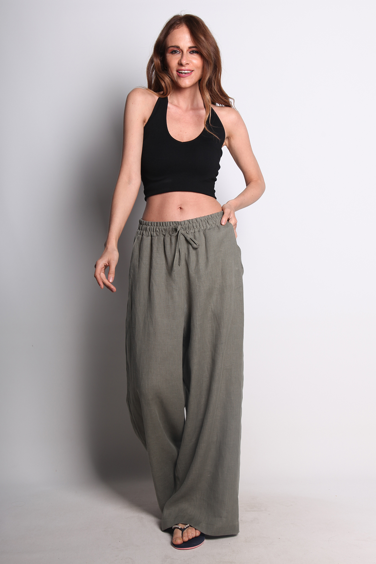 HAKİ KETEN GENİŞ PAÇA PANTOLON