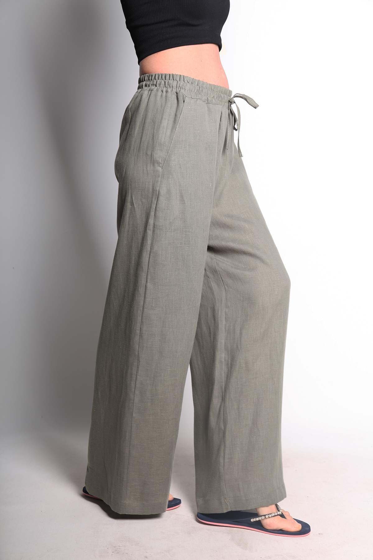 HAKİ KETEN GENİŞ PAÇA PANTOLON