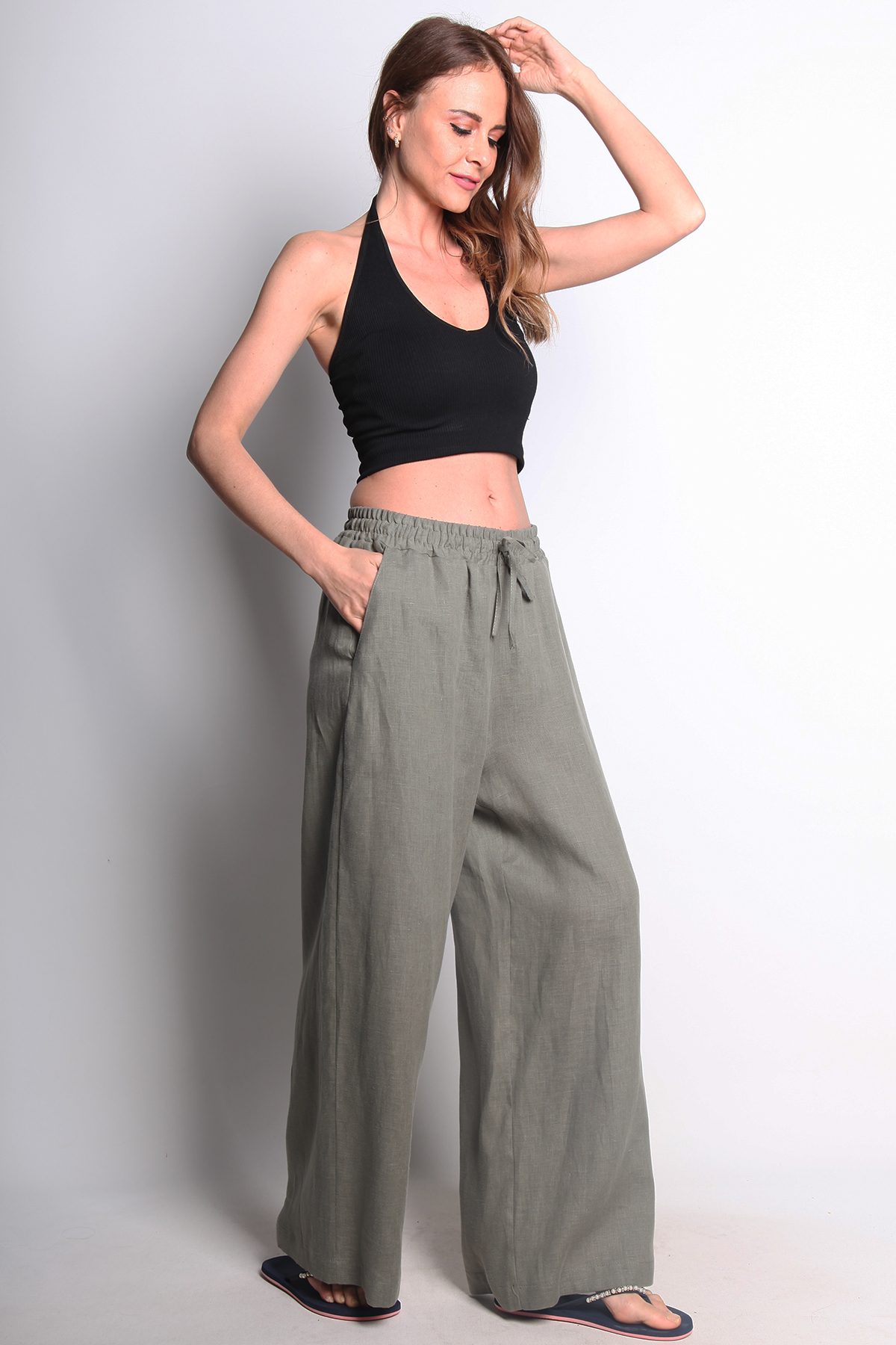 HAKİ KETEN GENİŞ PAÇA PANTOLON