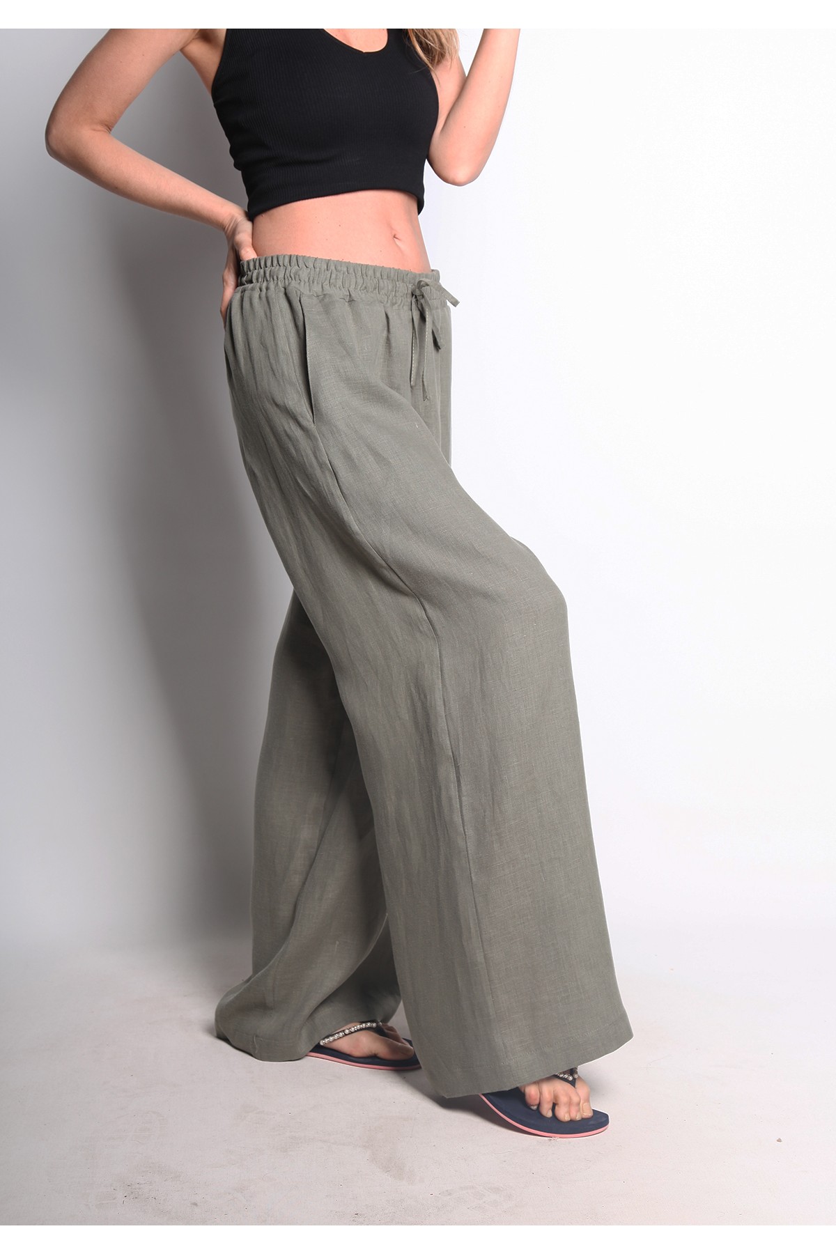 HAKİ KETEN GENİŞ PAÇA PANTOLON