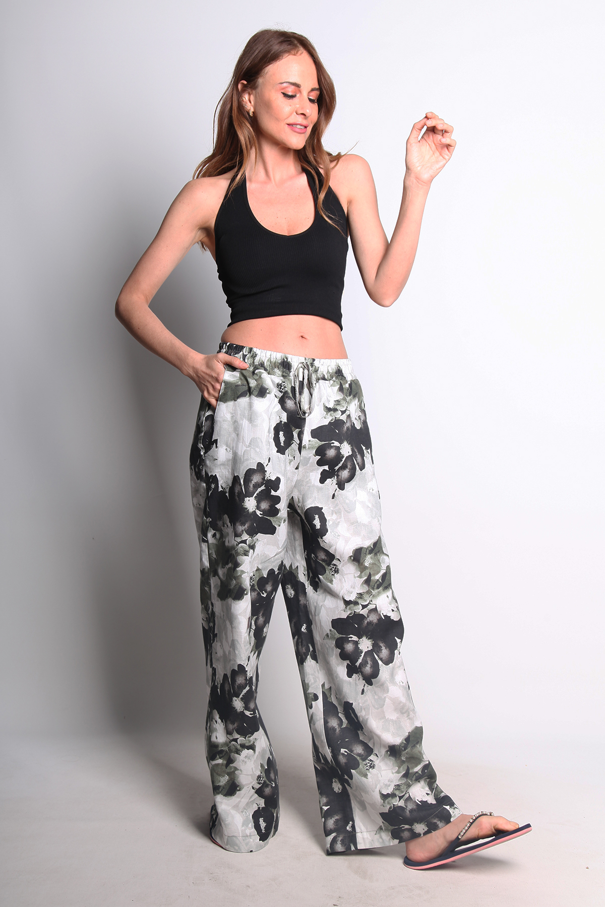 ÇİÇEK DESENLİ KETEN GENİŞ PAÇA PANTOLON