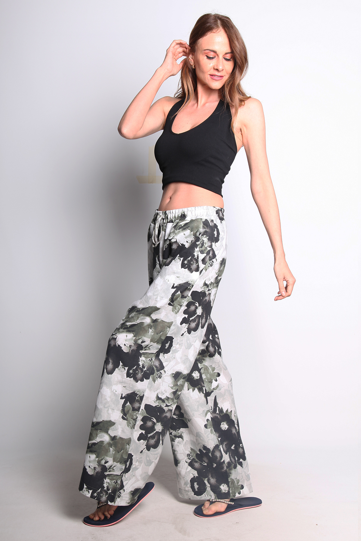 ÇİÇEK DESENLİ KETEN GENİŞ PAÇA PANTOLON