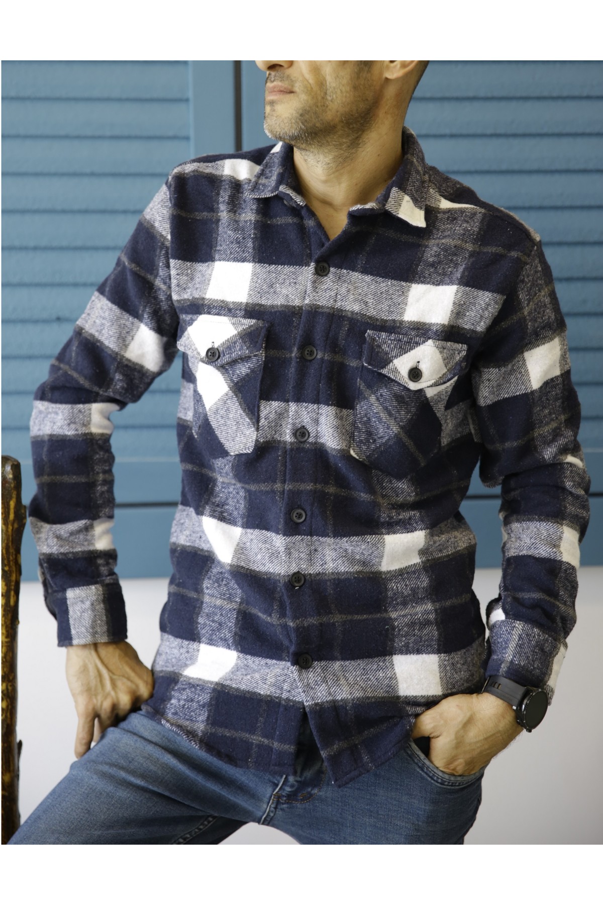 Erkek Lacivert Uzun Kol Ekoseli Oduncu Gömlek 1080L