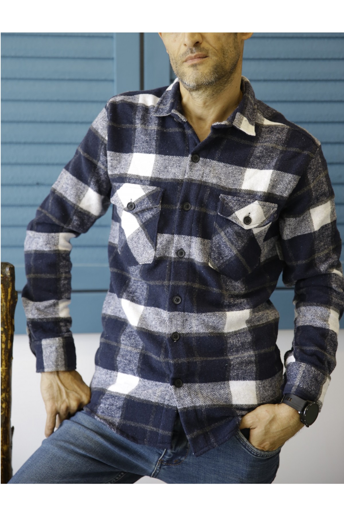 Erkek Lacivert Uzun Kol Ekoseli Oduncu Gömlek 1080L