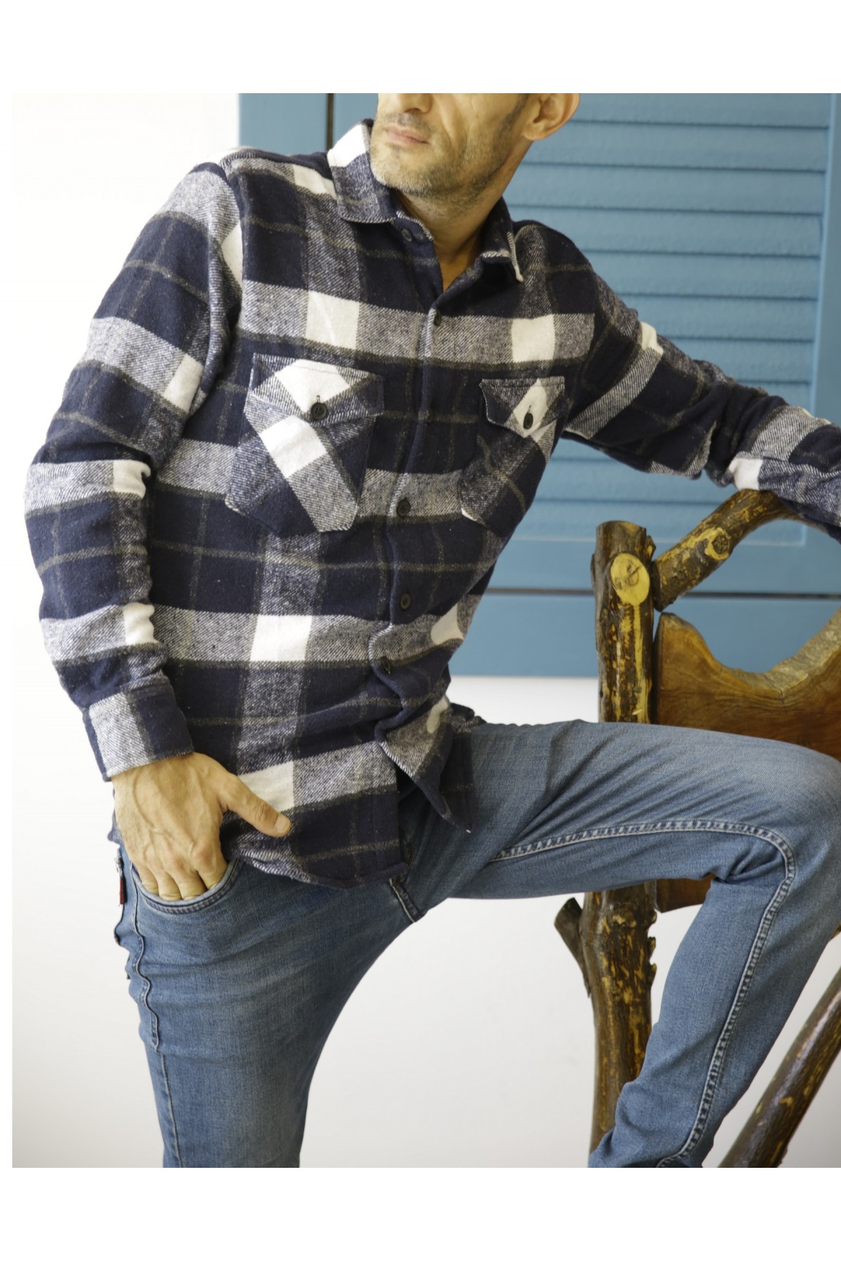 Erkek Lacivert Uzun Kol Ekoseli Oduncu Gömlek 1080L