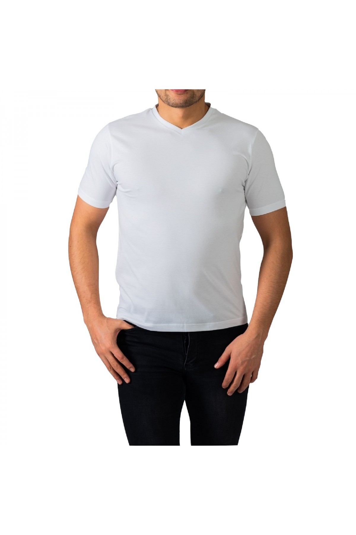 Erkek Beyaz V Yaka Slim Fit Kısa Kol T-Shirt V200-2